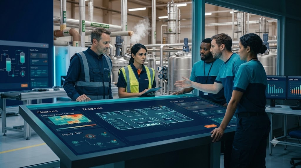 Consultant and operations team collaborating around a digital floor plan in a manufacturing facility