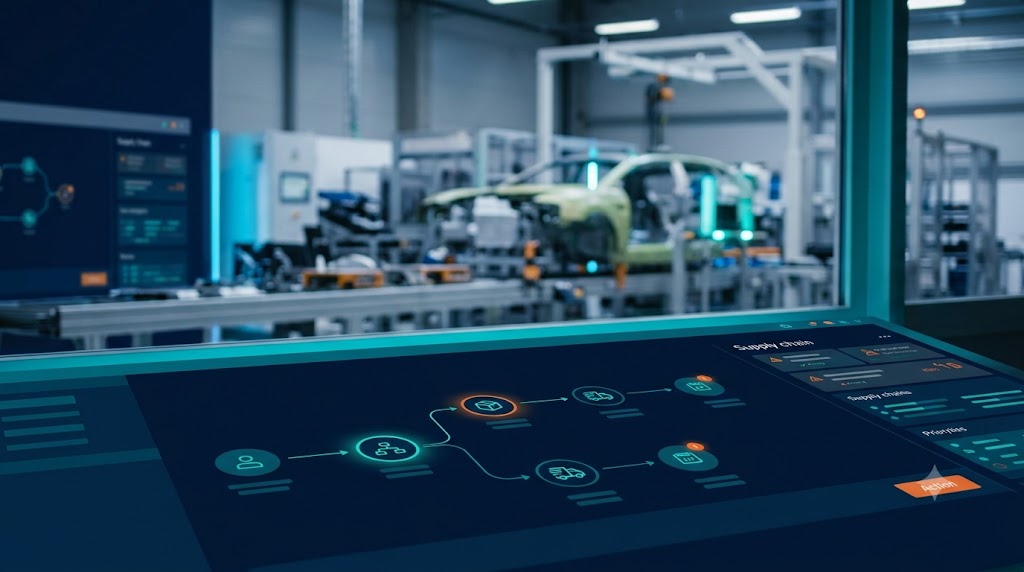 Modern manufacturing control room with a PlainSightIQ supply chain analytics dashboard overlay